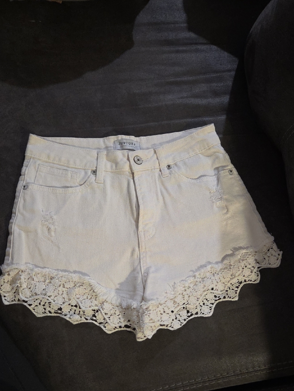 White Lace Trim Denim Shorts